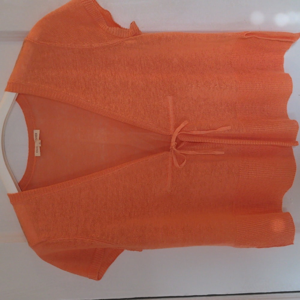 New Elileen Fisher Orange Linen Short Sleeve Cardigan,Top, Adjustable Tie Front